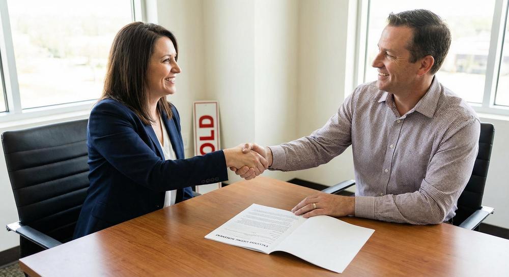 Real estate agent and seller shaking hands at successful listing agreement