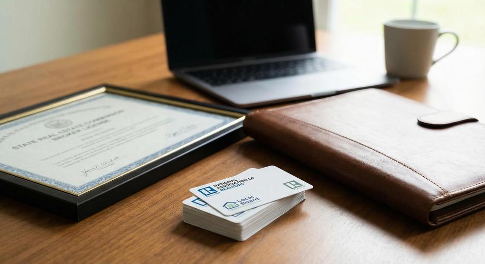 Professional real estate credentials and license displayed