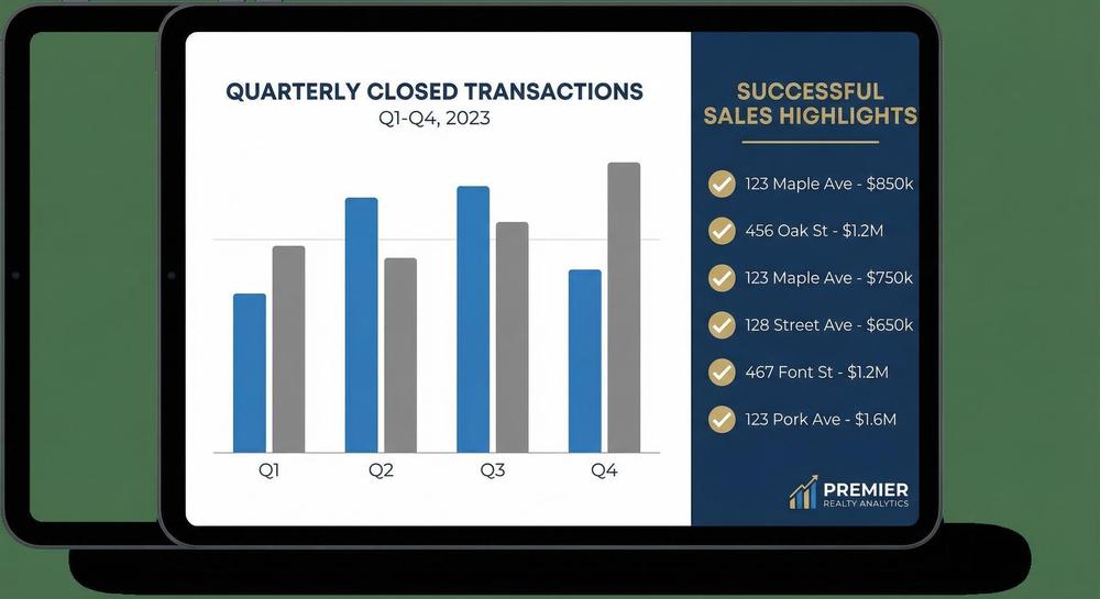 Chart or list showing real estate sales performance and closed transactions
