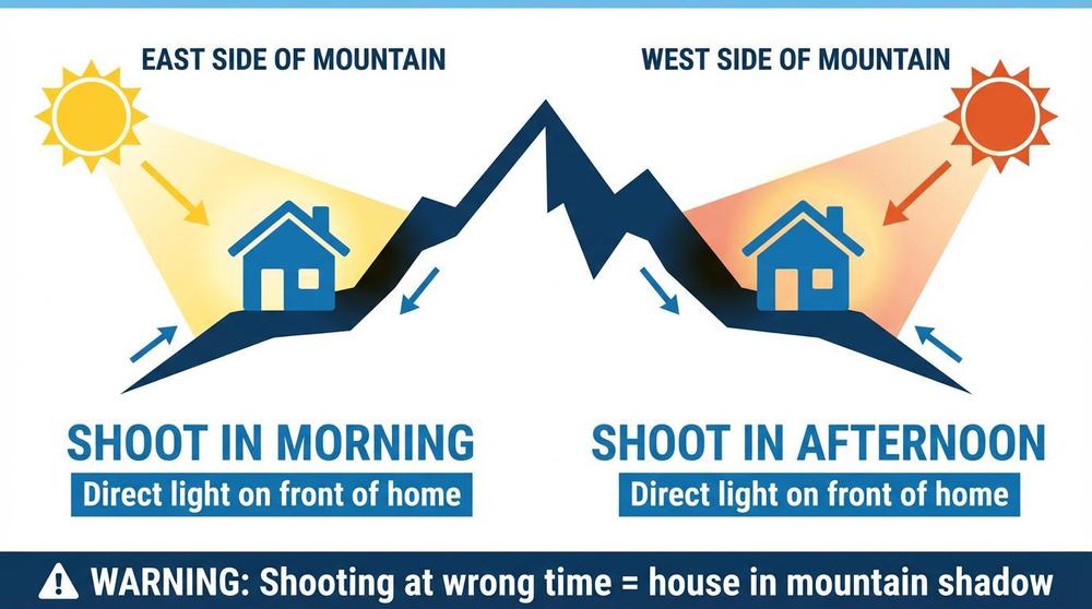 Mountain side lighting for real estate photography - east side shoot morning, west side shoot afternoon