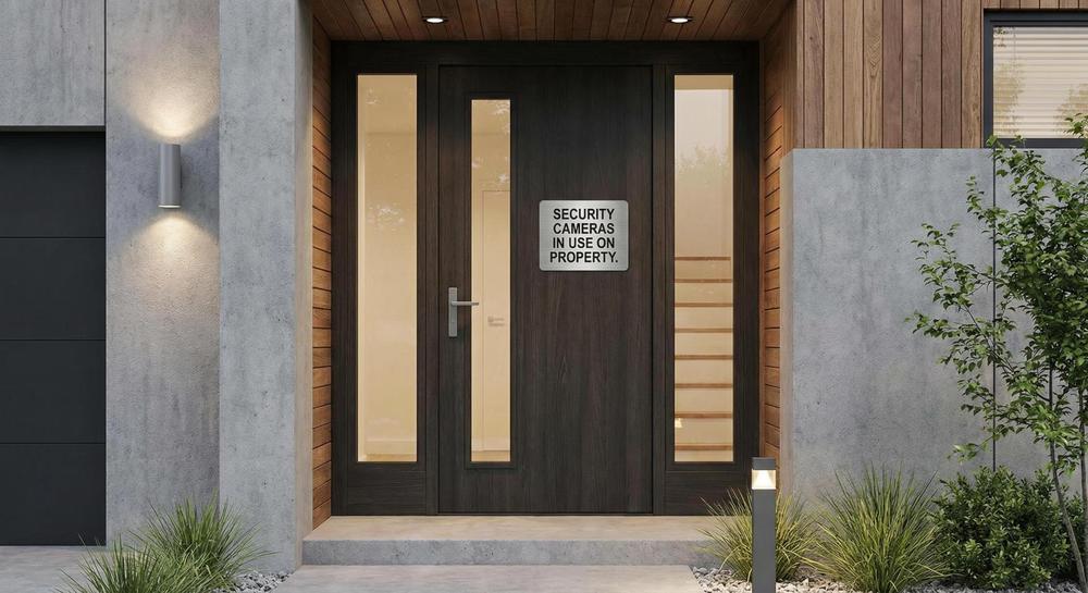 Security camera sign posted on front door