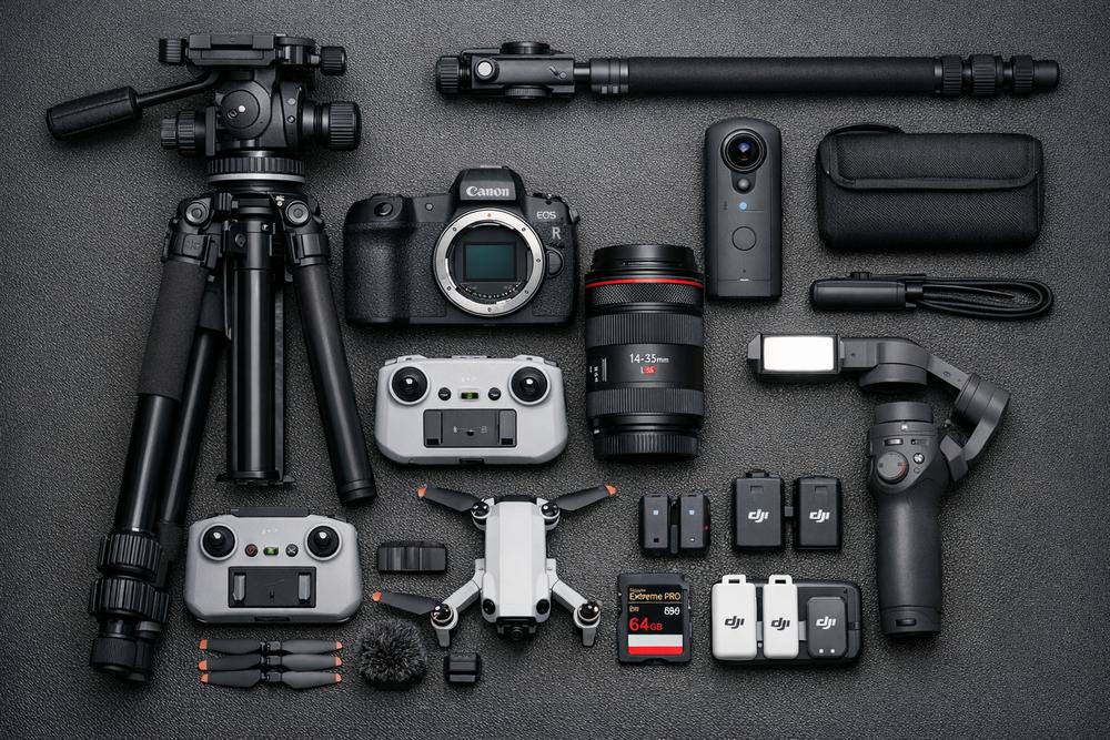 A flat lay of professional real estate photography gear including a Canon EOS R, wide-angle lens, drone, gimbal, and accessories