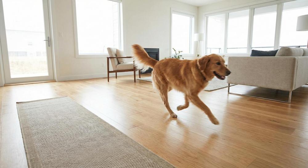 Dog on hardwood floor in a bright home